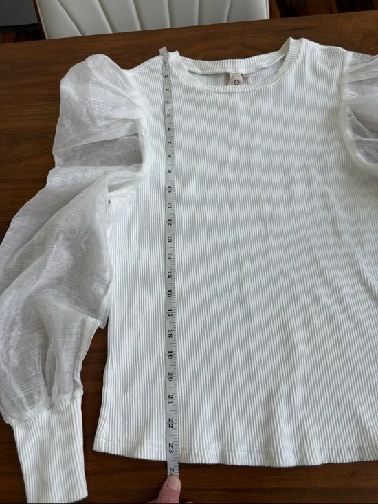 ANTHROPOLOGIE DOLAN SHEER PUFF SLEEVE BLOUSE RIB SWEATER TOP WHITE Size Large - Picture 9 of 10